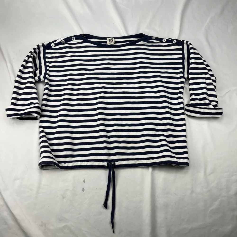 Anne Klein Nautical Boat Neck Striped Navy Blue White Drawstring Hem Sweatshirt - Picture 1 of 6
